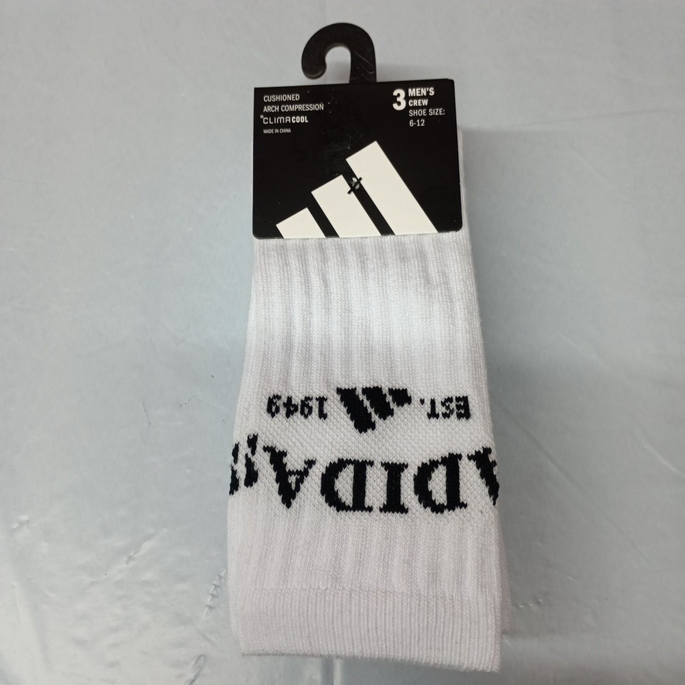 adidas Men's White Cushioned 3-Pack Crew Socks‎ Size 6-12 Arch Compression